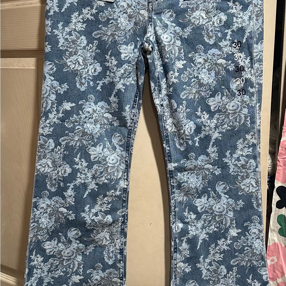 LoveShackFancy Blue Floral Women's Flare Jeans